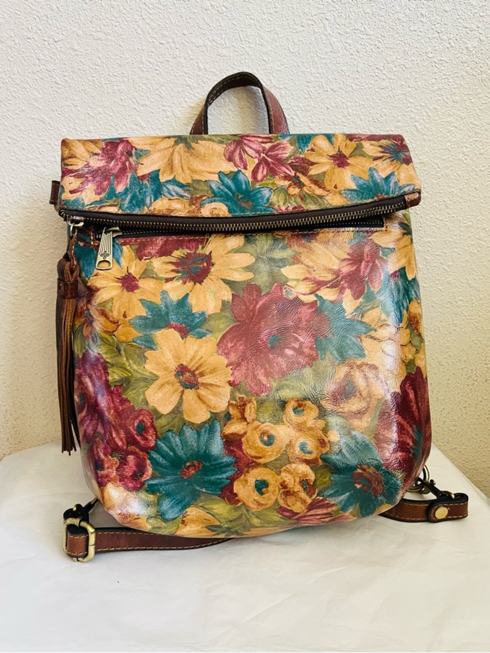 Patricia Nash Multicolor Floral Leather Convertible Backpack Brown Accents